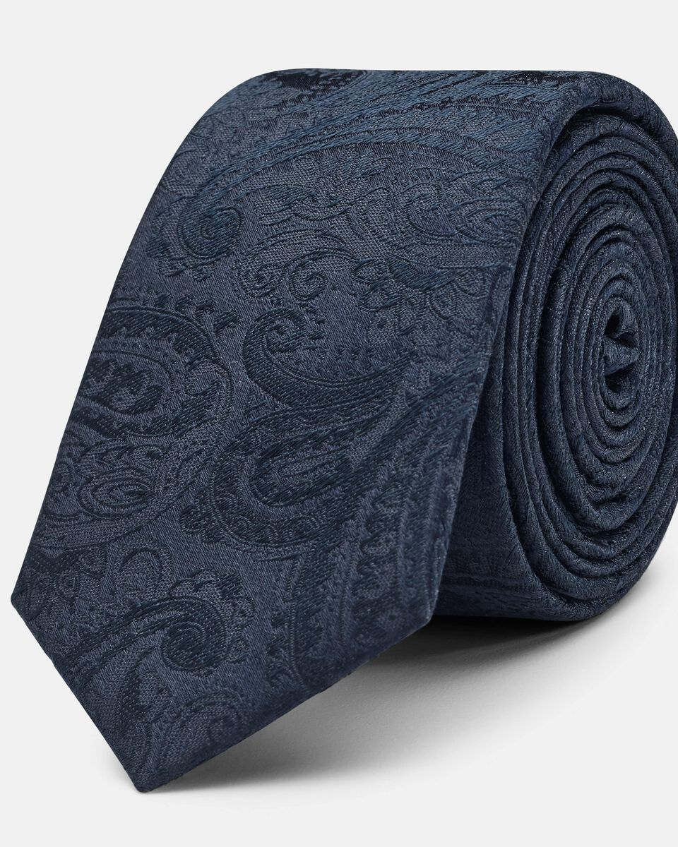 Silk Self Paisley Tie, Navy, hi-res
